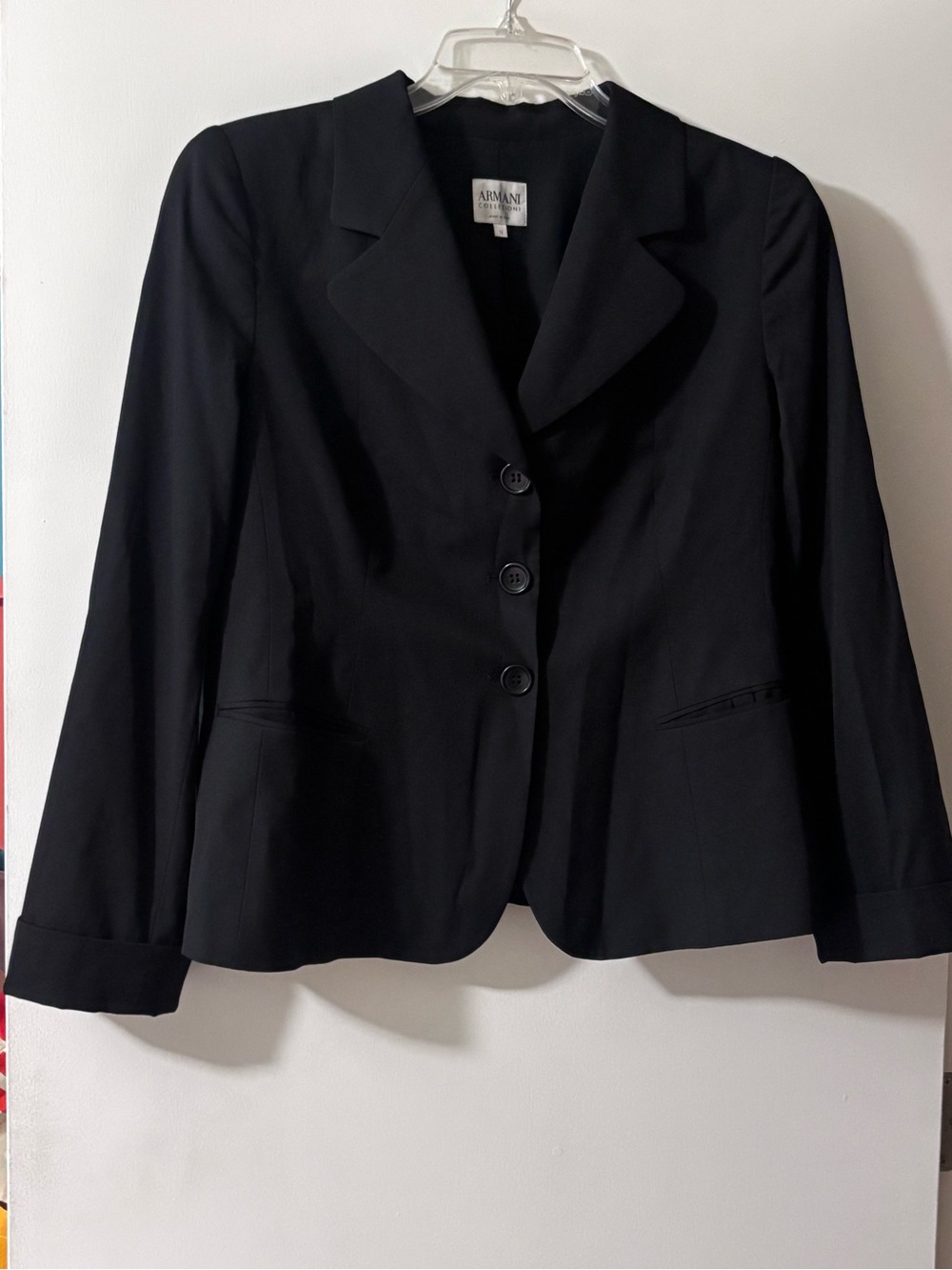 Armani Collezioni Black Virgin Wool Silk Blend 3-Button Blazer Jacket Size 14